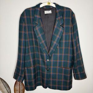 Paul Stanley Vintage Wool Blend Plaid Blazer Green Blue Orange Size 16 USA Made